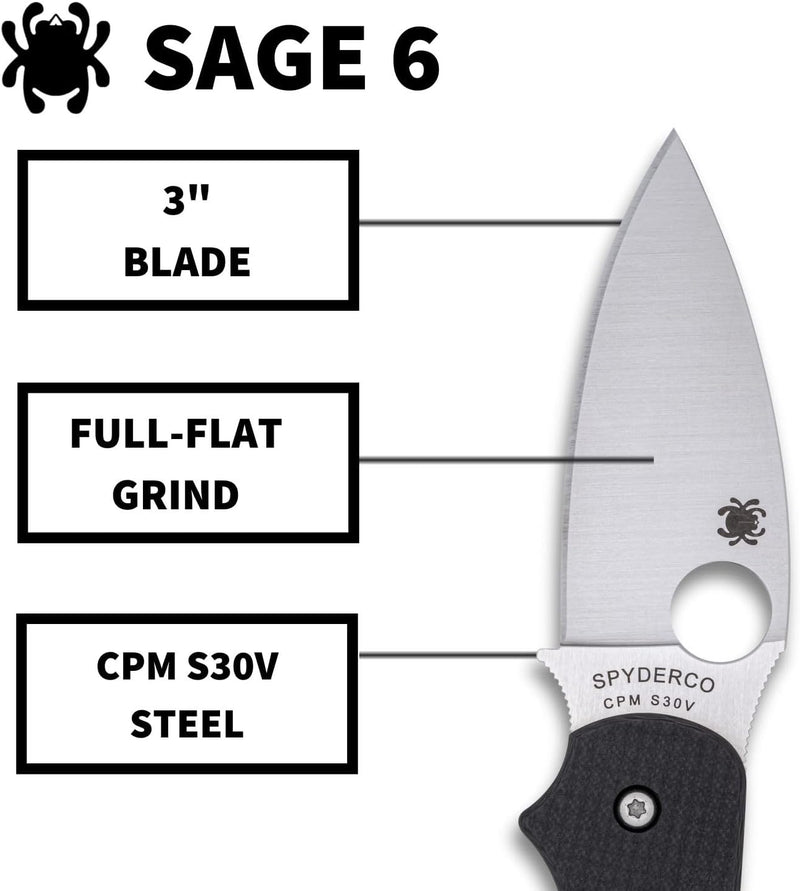 Spyderco Sage 6 Button Compression Lock 3" Plain Edge Folding Pocket Knife (C123CFBCLP)