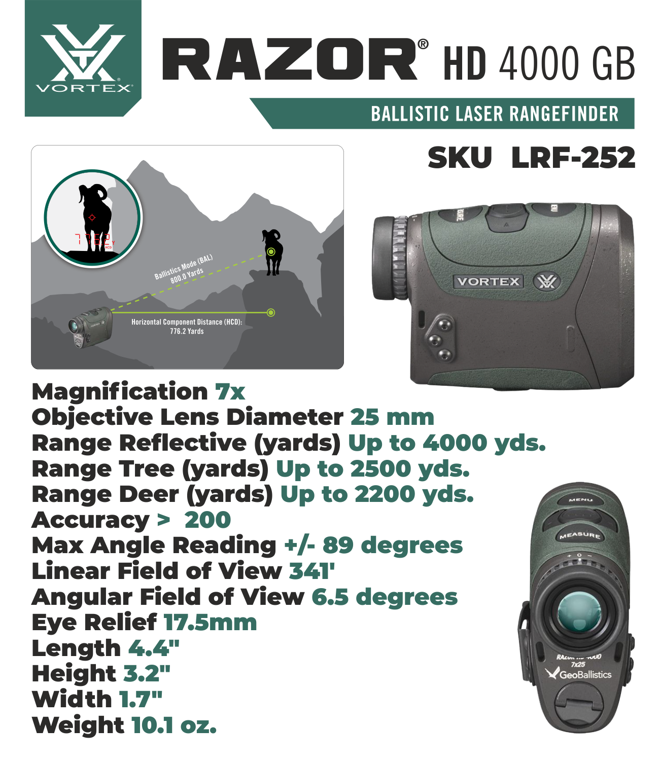Vortex Optics Razor HD 4000 GB 7x25mm Ballistic Laser Rangefinder