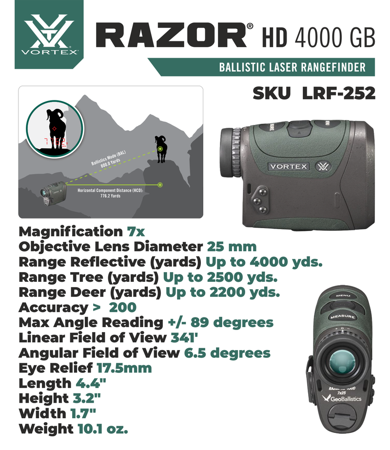 Vortex Optics Razor HD 4000 GB 7x25mm Ballistic Laser Rangefinder (LRF-252) with Wearable4U Bundle