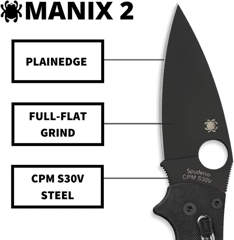 Spyderco Manix 2 Black G-10 Plain Edge 3.37" Folding Pocket Knife (C101GPBBK2)