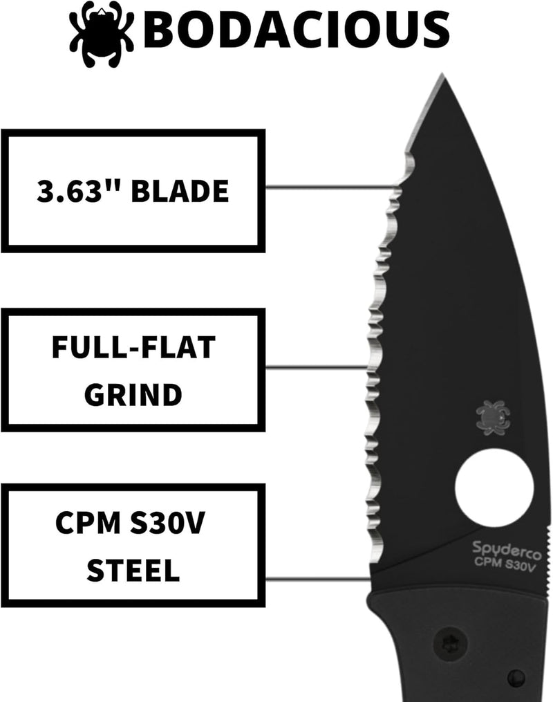 Spyderco Bodacious 3.63" Black CPM S30V SpyderEdge Folding Pocket Knife (C263GSBK)