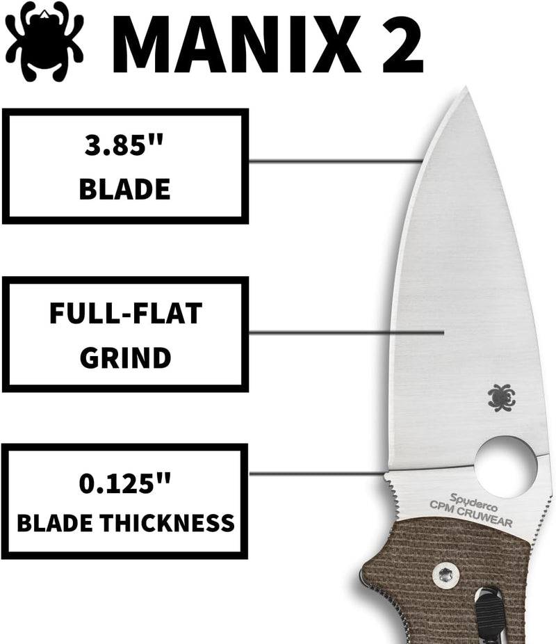 Spyderco Manix 2 XL Brown Canvas Micarta CPM Cru-Wear 3.85" Plain Edge Folding Pocket Knife (C95MPCW2)