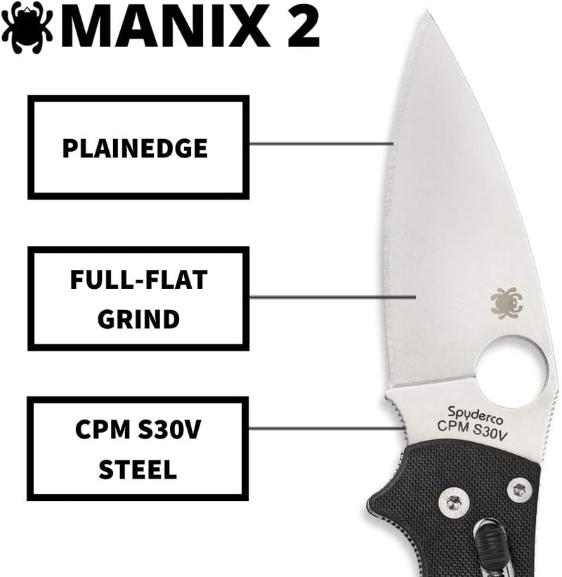 Spyderco Manix 2 Black G-10 3.37" Plain Edge Folding Pocket Knife (C101GP2)