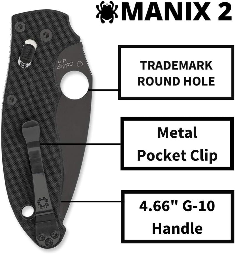 Spyderco Manix 2 Black G-10 Plain Edge 3.37" Folding Pocket Knife (C101GPBBK2)