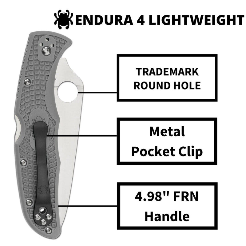 Spyderco Endura 4 Lightweight Gray Flat Ground 3.80" Plain Edge Folding Pocket Knife (C10FPGY)