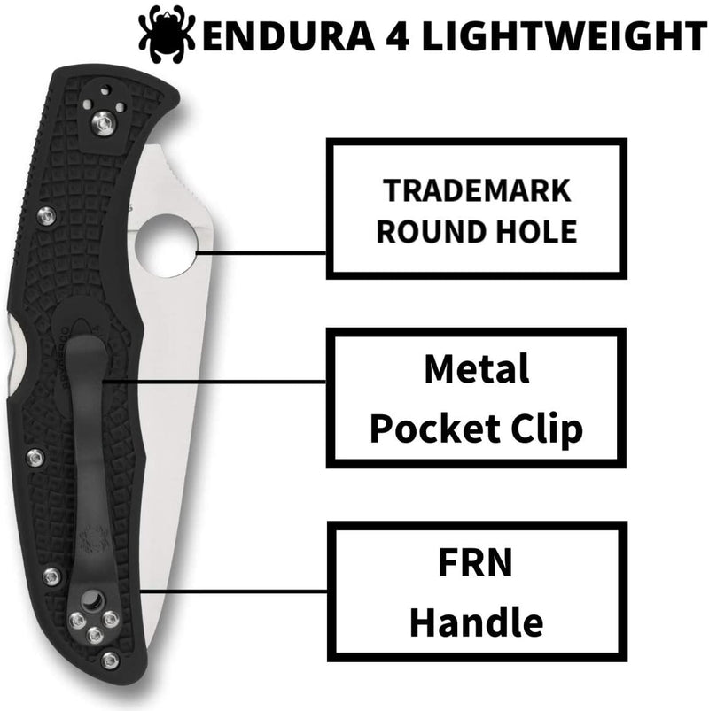 Spyderco Endura 4 Lightweight Black Flat Ground Plain Edge Folding Pocket Knife (C10FPBK)