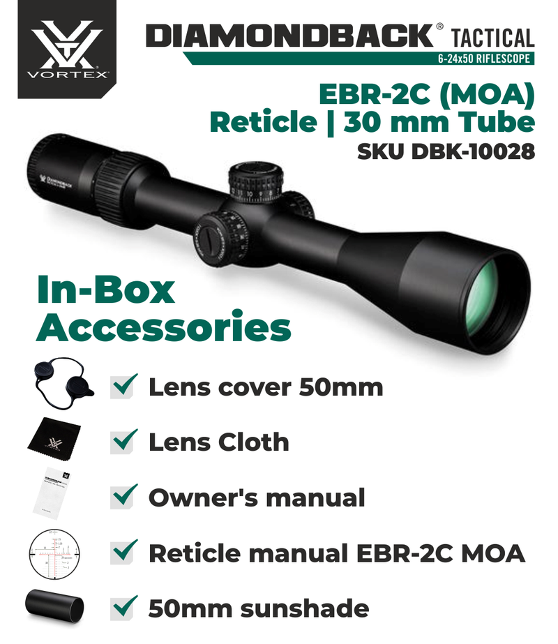 Vortex Optics Diamondback Tactical 6-24x50 EBR-2C (MOA) 30mm Tube Riflescope ( DBK-10028) with 30mm High Rings (1.18in) Set and Free Black Camo Hat Bundle