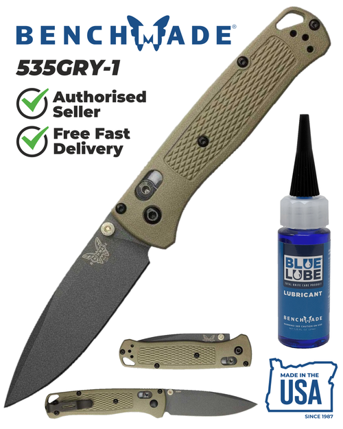 Benchmade 535GRY-1 Bugout 3.24" Gray Cerakote S30V Ranger Green Folding Knife with Benchmade Blue Lube Lubricant for knives 37ml 1.25fl oz (Made in USA)