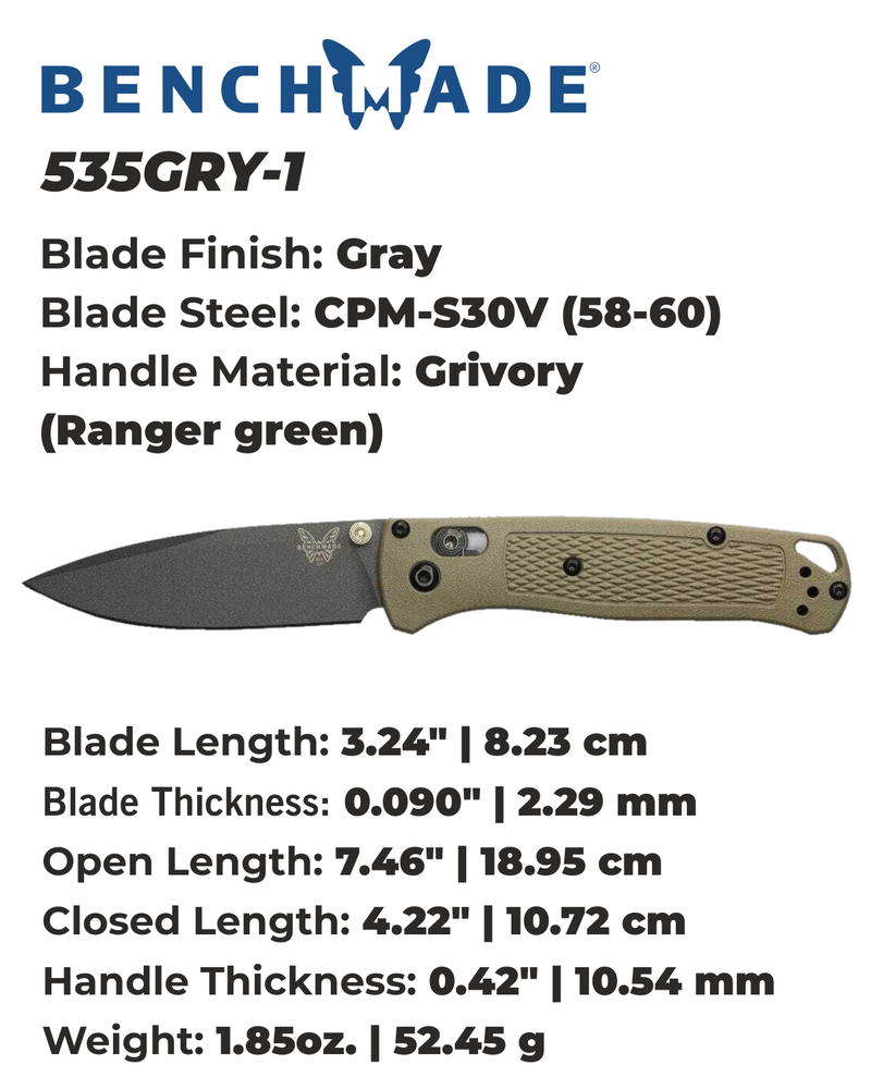 Benchmade 535GRY-1 Bugout 3.24" Gray Cerakote S30V Ranger Green Folding Knife with Benchmade Blue Lube Lubricant for knives 37ml 1.25fl oz (Made in USA)
