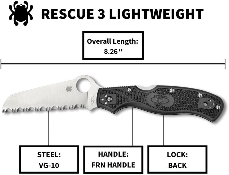 Spyderco Rescue 3 FRN Black 3.57" VG-10 Serrated Folding Pocket Knife (C14SBK3)