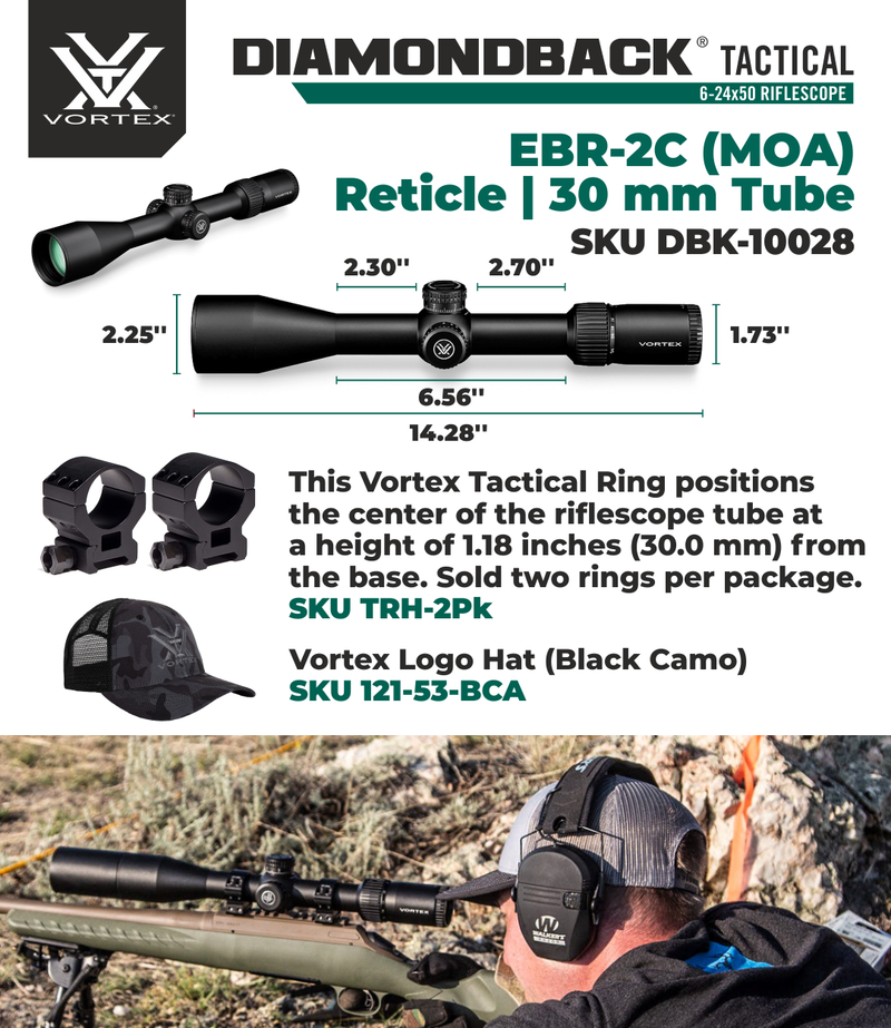 Vortex Optics Diamondback Tactical 6-24x50 EBR-2C (MOA) 30mm Tube Riflescope ( DBK-10028) with 30mm High Rings (1.18in) Set and Free Black Camo Hat Bundle