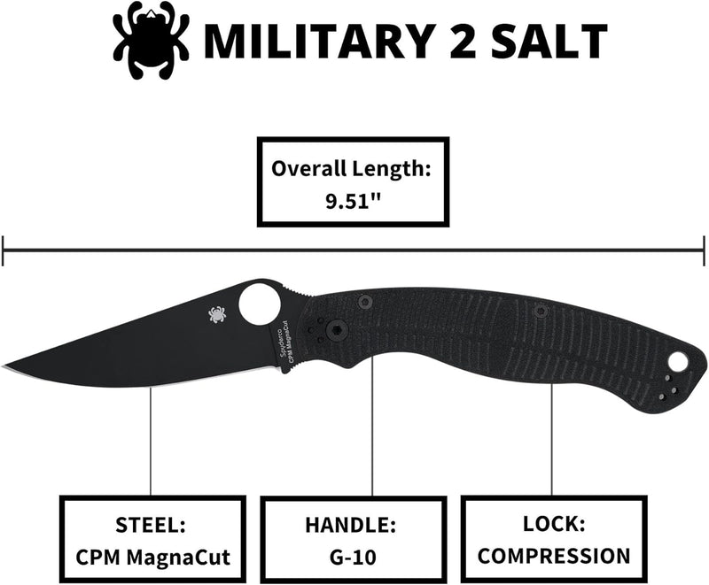 Spyderco Military 2 Salt CPM MagnaCut 4" Plain Edge Folding Pocket Knife (C36GMCBKP2)