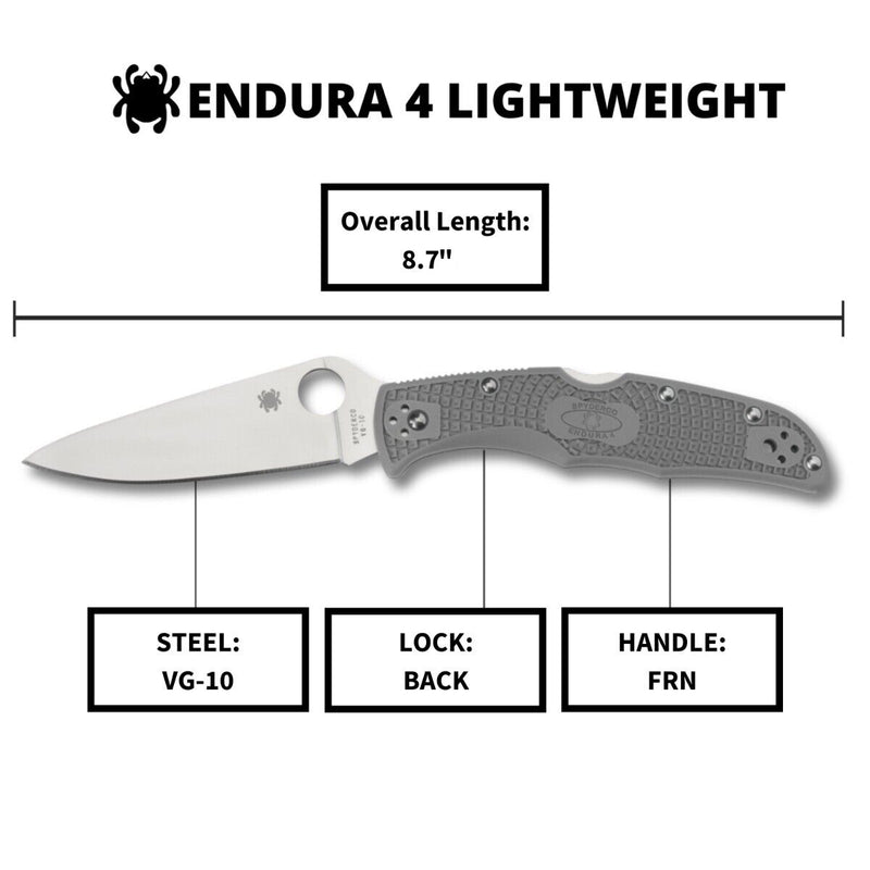 Spyderco Endura 4 Lightweight Gray Flat Ground 3.80" Plain Edge Folding Pocket Knife (C10FPGY)