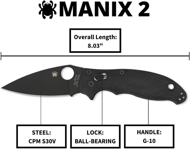 Spyderco Manix 2 Black G-10 Plain Edge 3.37" Folding Pocket Knife (C101GPBBK2)