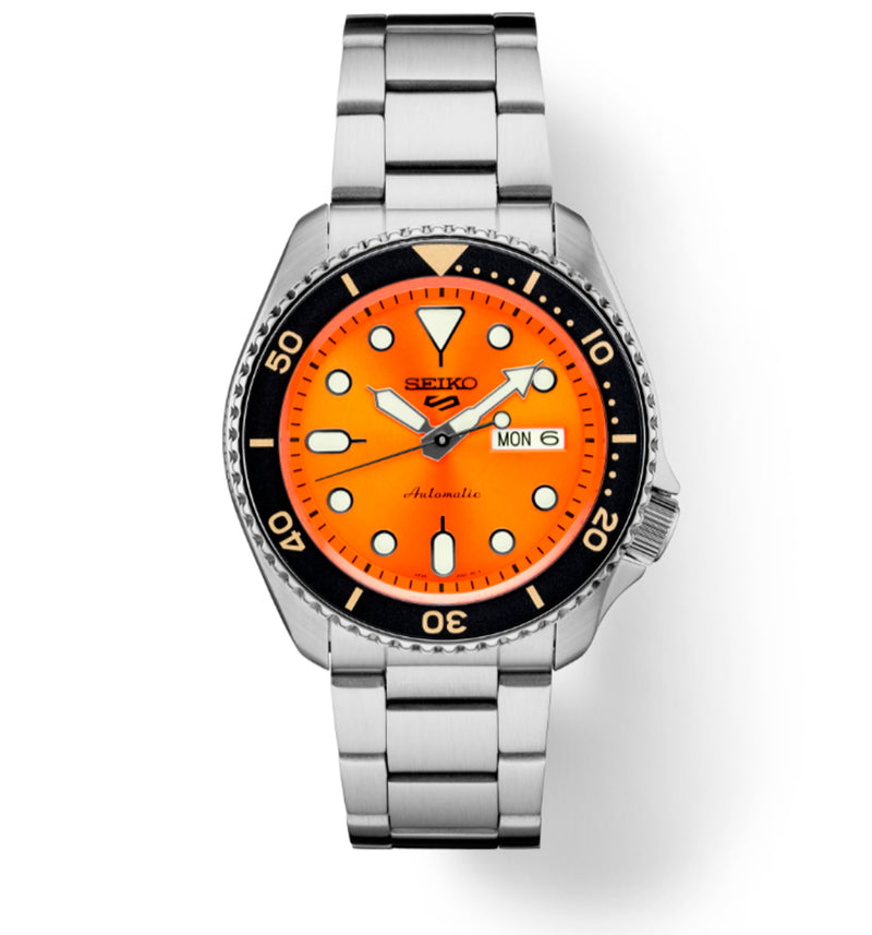 Seiko 5 Sports SRPD59 Automatic 10 ATM Water Resistant 42.5mm Orange Sunray Dial with Gold and Black accents Men's Watch
