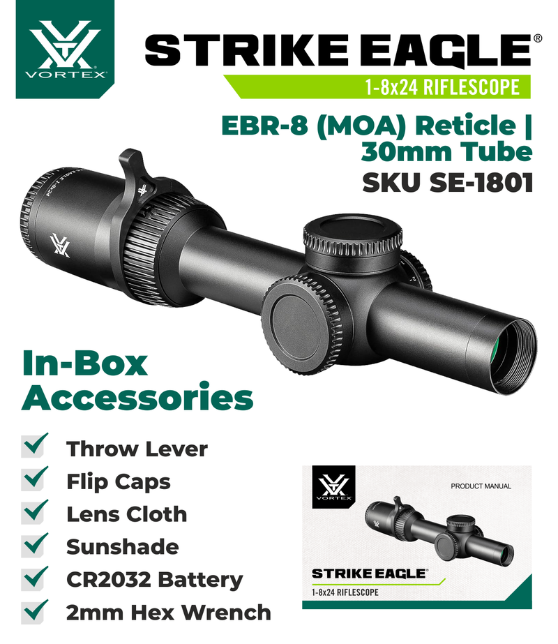 Vortex Optics Strike Eagle 1-8x24 FFP Riflescope EBR-8 (MOA) Reticle 30mm Tube and Sport Cantilever 30mm Mount 2-Inch Offset (BNDL-SE1801-CM202)