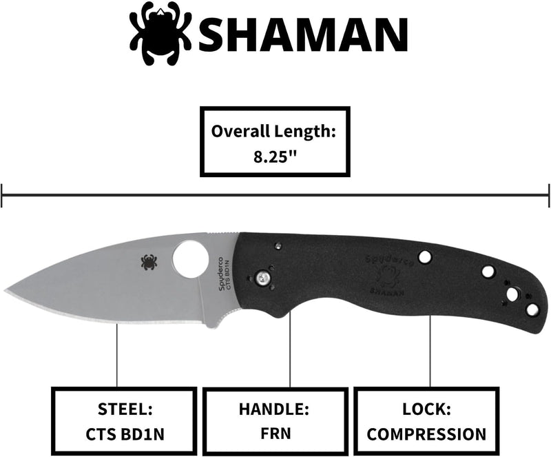 Spyderco Shaman Lightweight 3.58" Plain Edge Folding Pocket Knife (C229PBK)