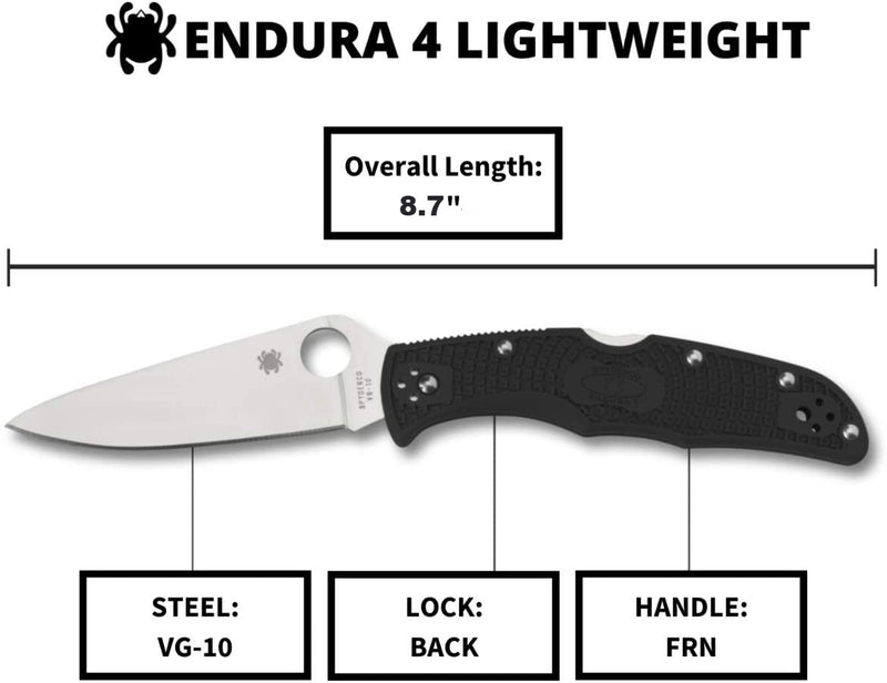 Spyderco Endura 4 Lightweight Black Flat Ground Plain Edge Folding Pocket Knife (C10FPBK)
