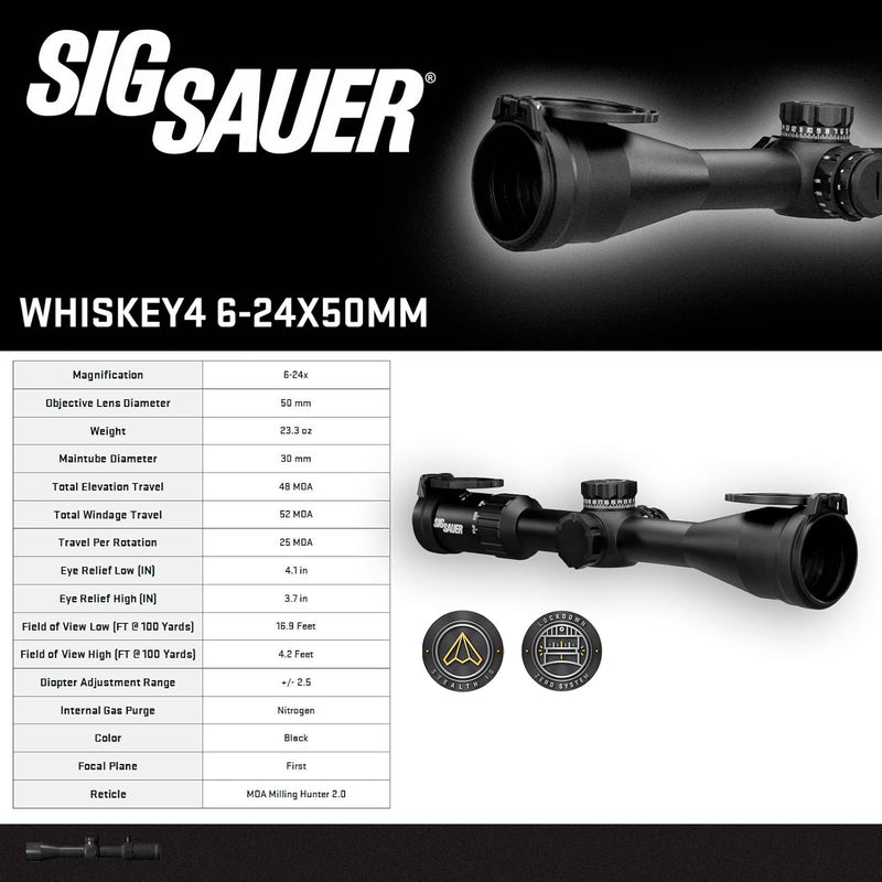Sig Sauer WHISKEY4 6-24X50mm Non-Illuminated (FFP) MOA Milling Hunter 2.0 Riflescope (SOW46001)