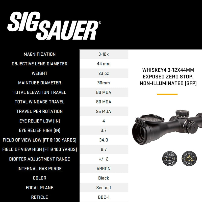 Sig Sauer WHISKEY4 3-12X44mm Exposed Zero Stop Non-Illuminated (SFP) Riflescope (SOW43001)