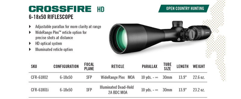 Vortex Optics Crossfire HD 6-18x50 WideRange Plex (MOA) Reticle 30mm Tube SFP Riflescope (CFR-61802)
