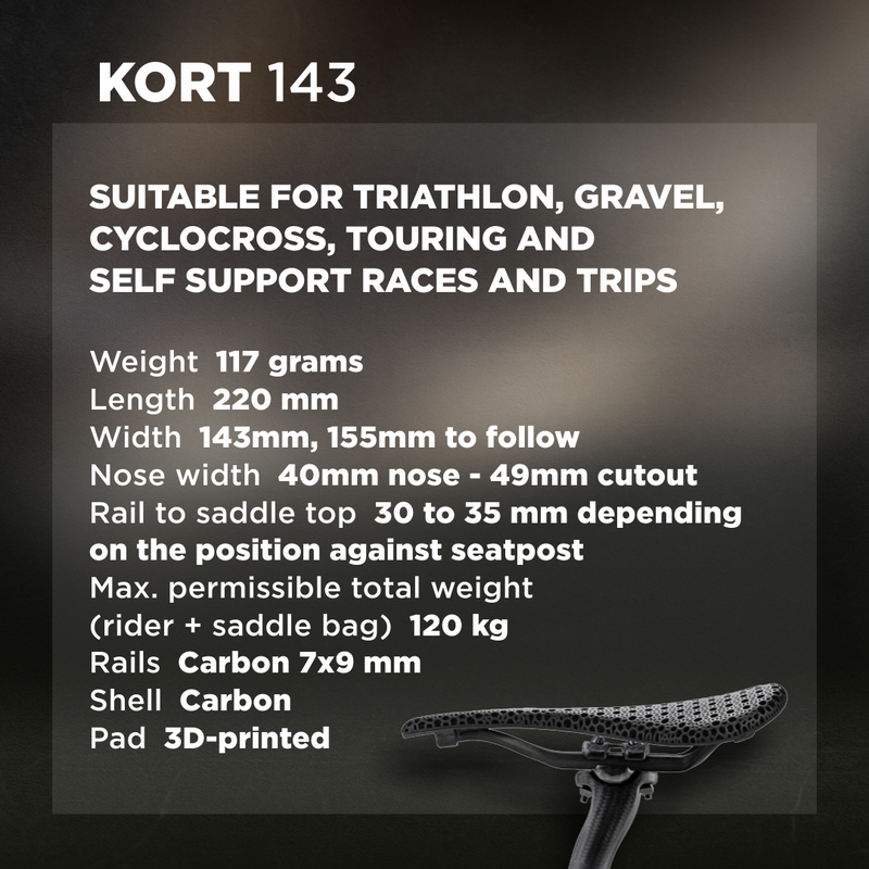 Bjorn Cycles Carbon Bicycle Short-Nose Saddle with 3D-Printed Pad Kort 143 mm