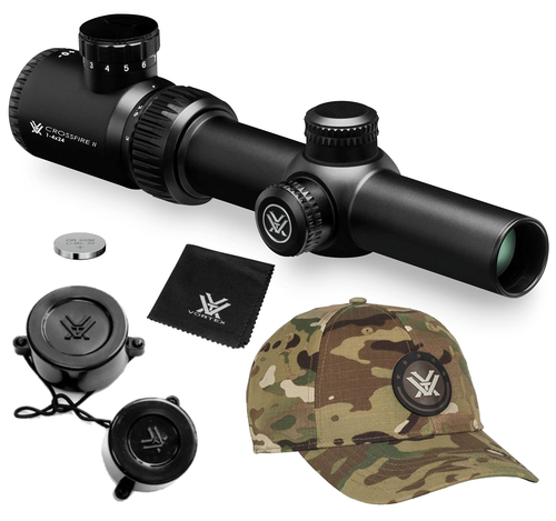 Vortex Optics Crossfire II 1-4x24 SFP Riflescope, V-Brite Illuminated Reticle (MOA), 30mm Tube with Free Hat Bundle