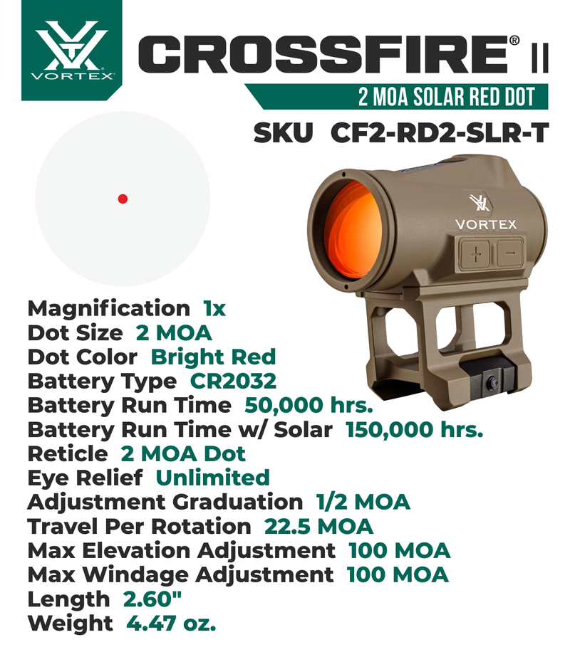 Vortex Optics Crossfire II 2 MOA Solar Red Dot Tan (CF2-RD2-SLR-T)