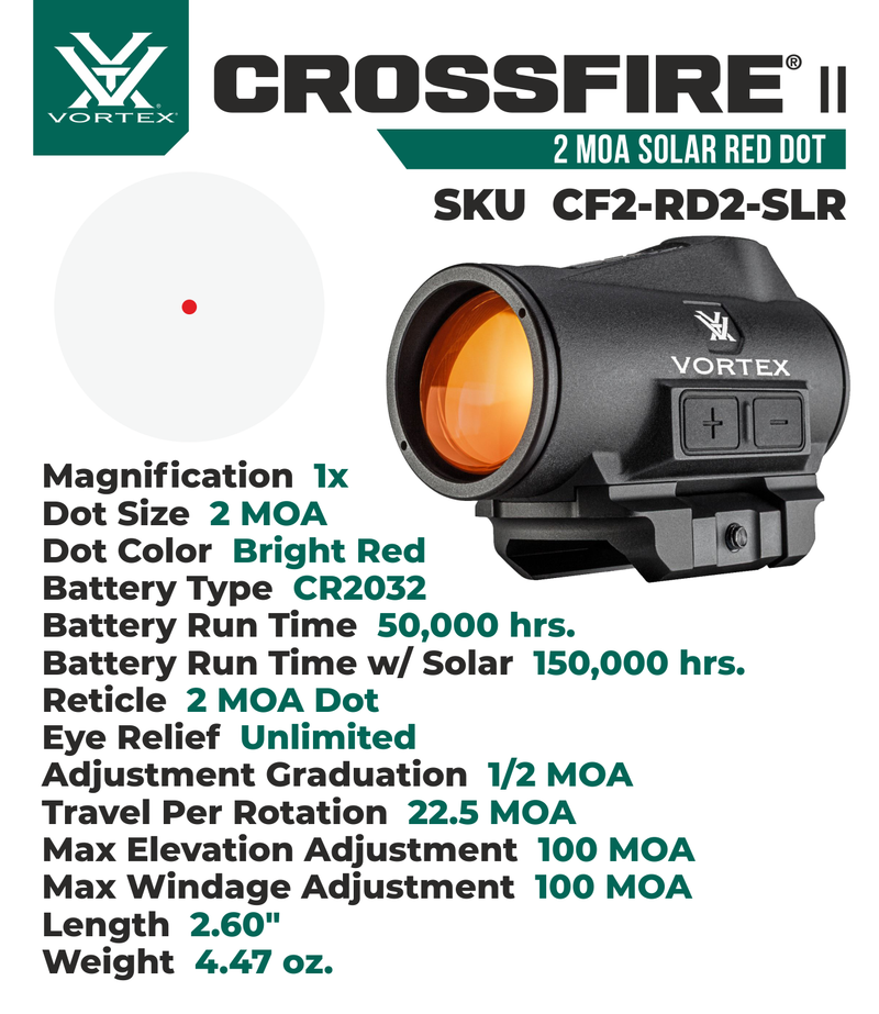 Vortex Optics Crossfire II 2 MOA Solar Red Dot Black (CF2-RD2-SLR)