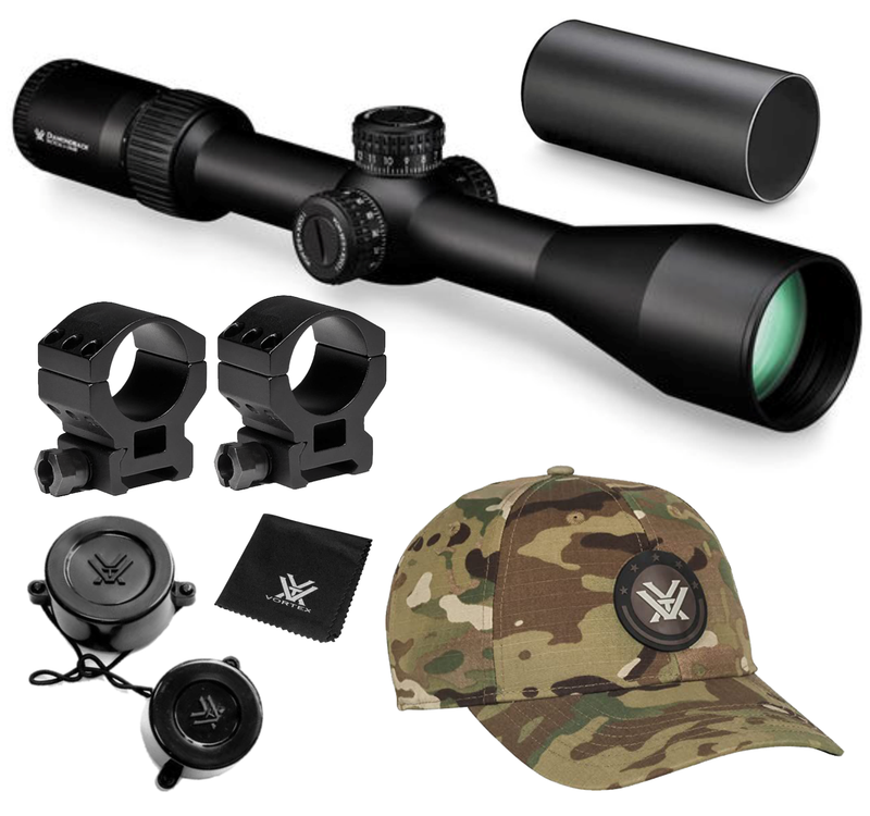 Vortex Optics Diamondback Tactical 6-24x50 EBR-2C (MOA) 30mm Tube Riflescope ( DBK-10028) with 30mm High Rings (1.18in) Set and Free Hat Bundle