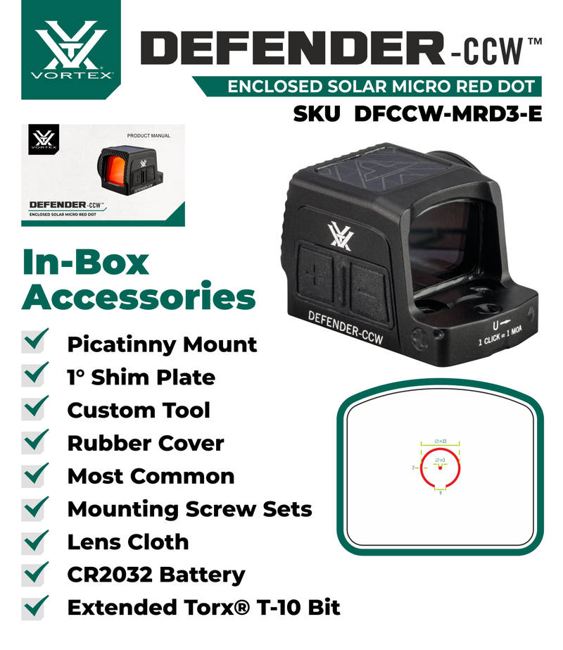 Vortex Optics Defender-CCW Enclosed Solar 3 MOA Dot / 32 MOA Circle Micro Red Dot (DFCCW-MRD3-E)