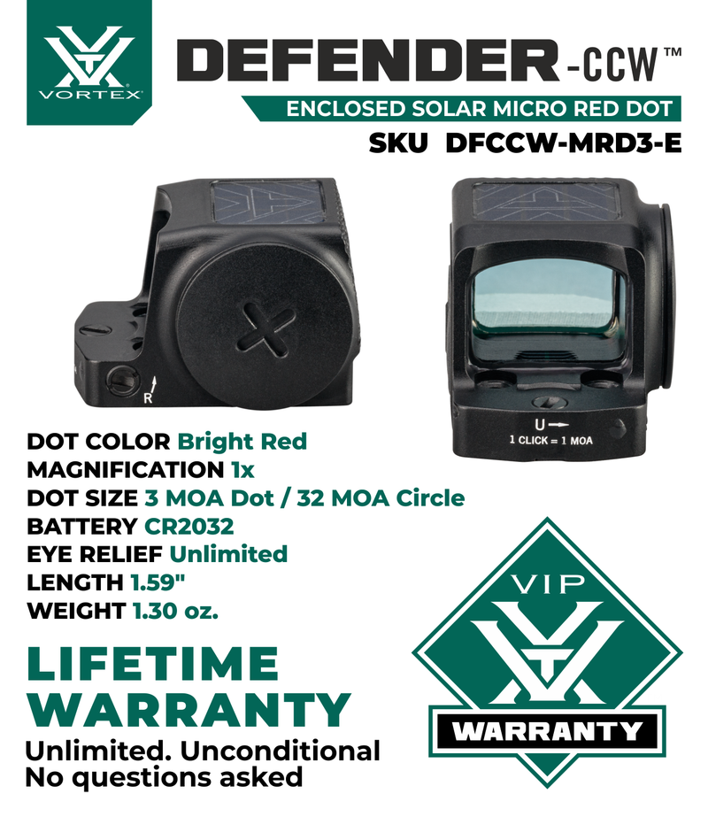 Vortex Optics Defender-CCW Enclosed Solar 3 MOA Dot / 32 MOA Circle Micro Red Dot (DFCCW-MRD3-E)