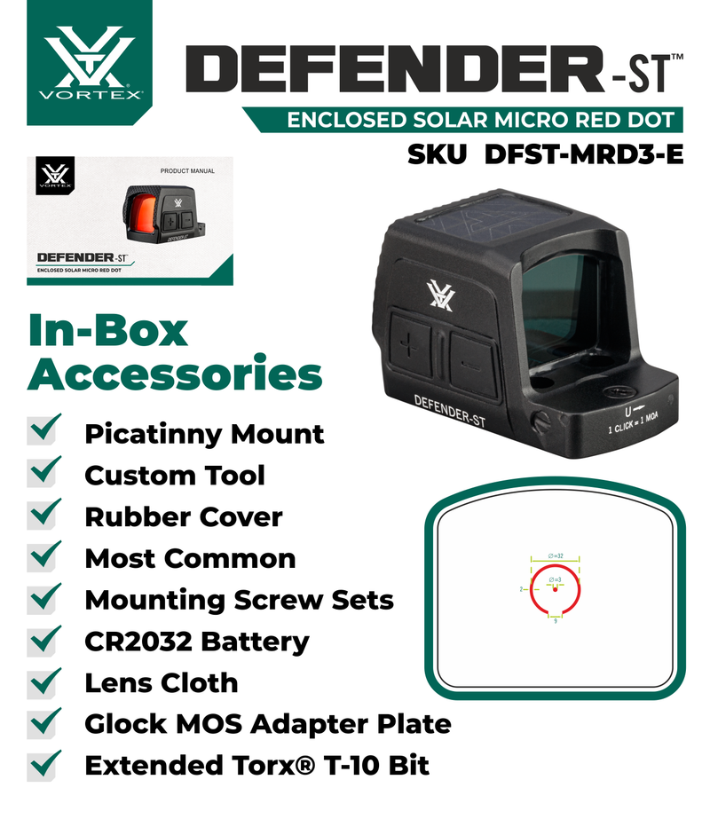 Vortex Optics Defender-ST Enclosed Solar 3 MOA Dot / 32 MOA Circle Micro Red Dot (DFST-MRD3-E)