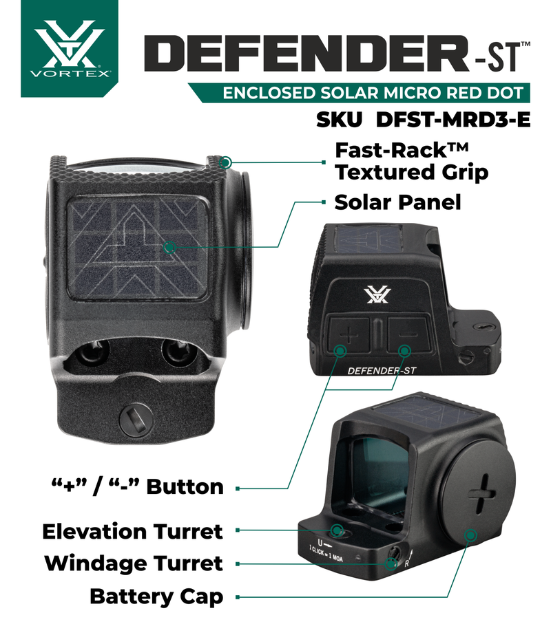 Vortex Optics Defender-ST Enclosed Solar 3 MOA Dot / 32 MOA Circle Micro Red Dot (DFST-MRD3-E)