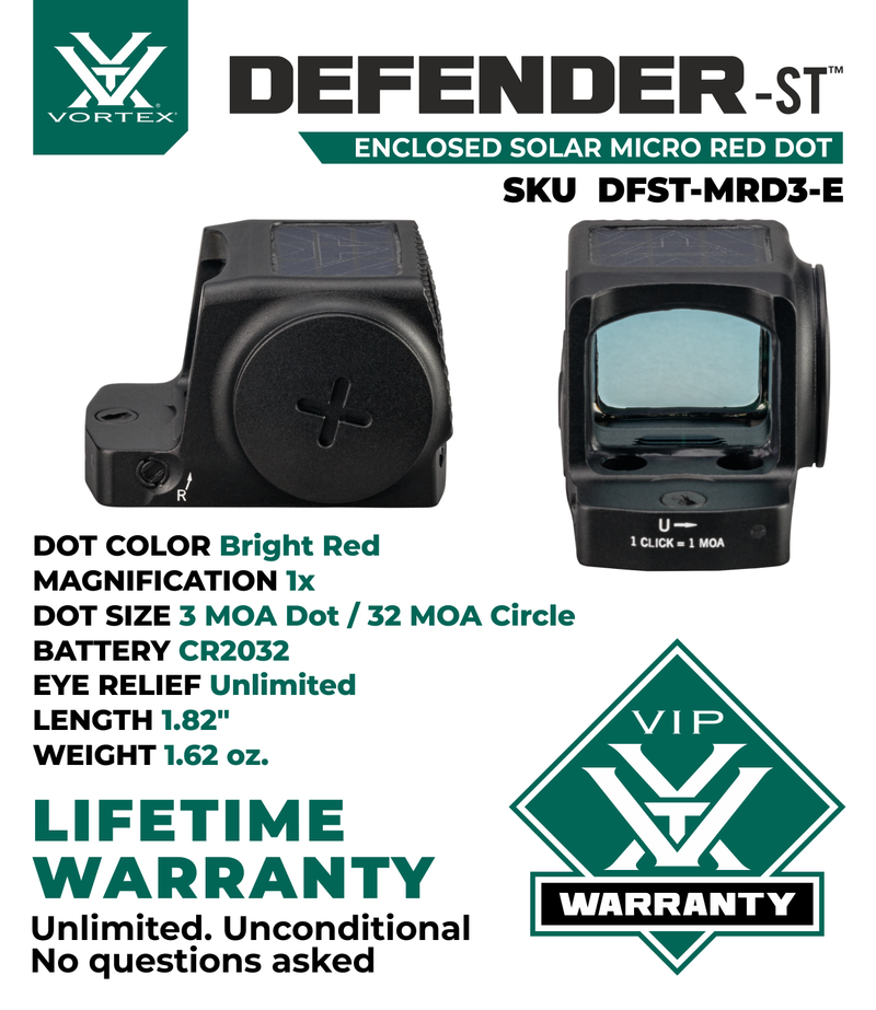 Vortex Optics Defender-ST Enclosed Solar 3 MOA Dot / 32 MOA Circle Micro Red Dot (DFST-MRD3-E)