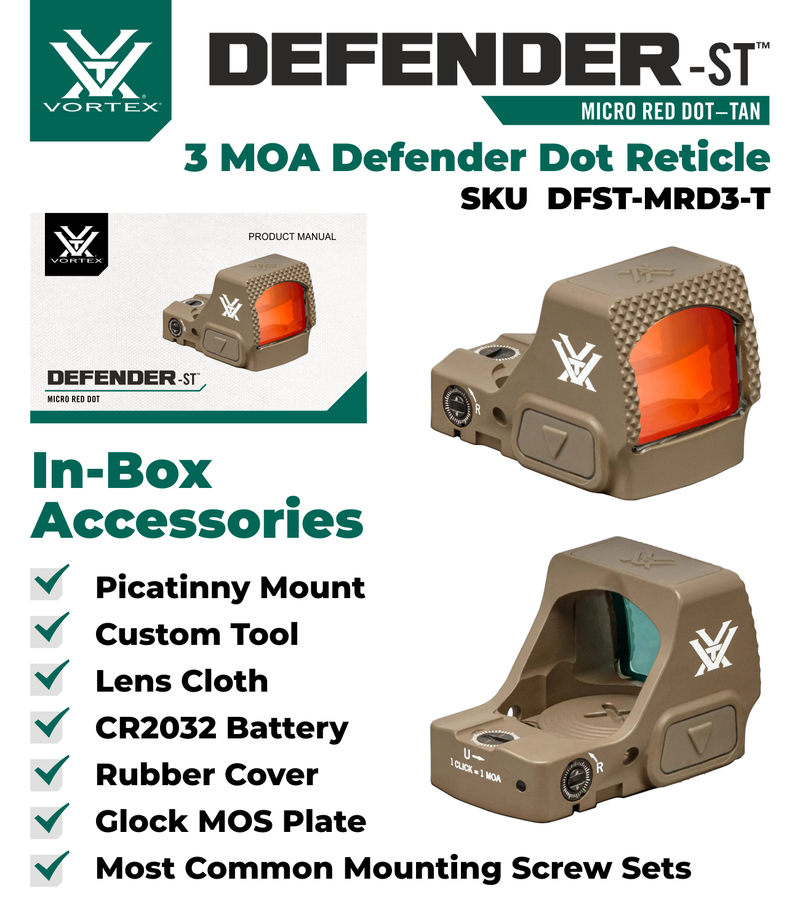 Vortex Optics Defender-ST 3 MOA Micro Red Dot Tan (DFST-MRD3-T)