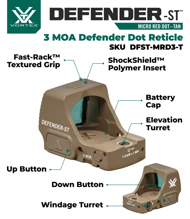Vortex Optics Defender-ST 3 MOA Micro Red Dot Tan (DFST-MRD3-T)