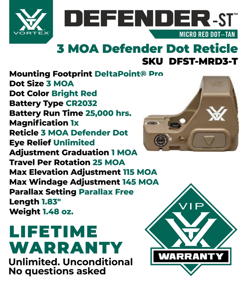 Vortex Optics Defender-ST 3 MOA Micro Red Dot Tan (DFST-MRD3-T)