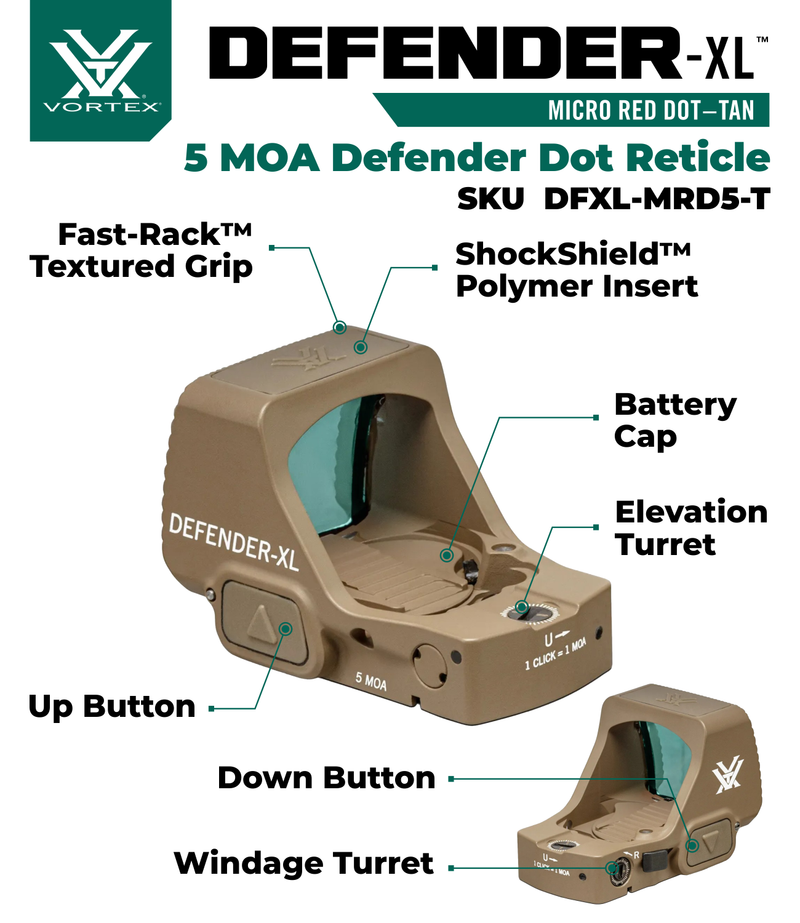 Vortex Optics Defender-XL 5 MOA Micro Red Dot, TAN (DFXL-MRD5-T)