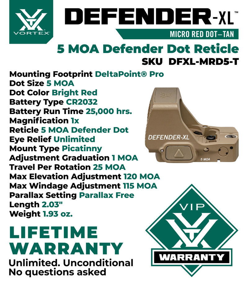 Vortex Optics Defender-XL 5 MOA Micro Red Dot, TAN (DFXL-MRD5-T)