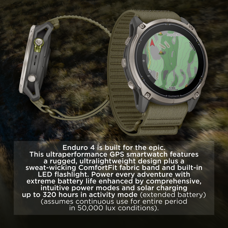 Garmin Enduro 4 Premium GPS Smartwatch, Sapphire, Solar Charging, Ultralight Design, LED Flashlight, Advanced Training & Endurance Features, TopoActive Maps (010-04799-00) | Wearable4U Bundle