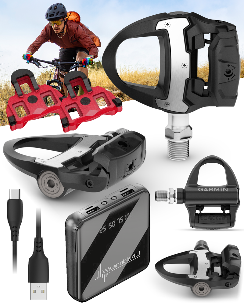 Garmin Rally RS110 / RS210 Single-Sensing or Dual-Sensing Power Meter Pedals for Road (SPD-SL) & Off-Road (SPD), Cycling Dynamics w/ Wearable4U Bundle