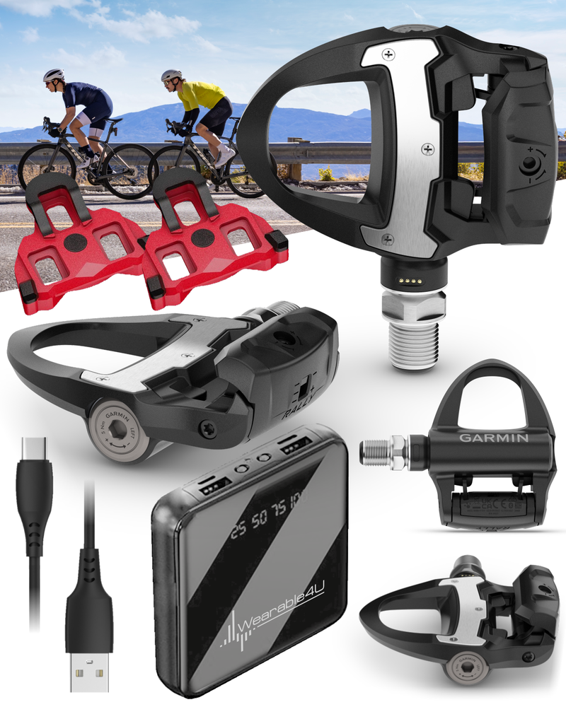 Garmin Rally RS110 / RS210 Single-Sensing or Dual-Sensing Power Meter Pedals for Road (SPD-SL) & Off-Road (SPD), Cycling Dynamics w/ Wearable4U Bundle