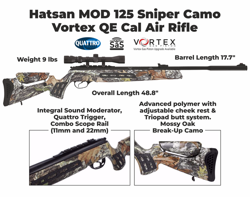 Hatsan MOD 125 Sniper Camo Vortex QE Quiet Energy Air Rifle with Included Wearable4U 100x Paper Targets and 500x Pellets Bundle