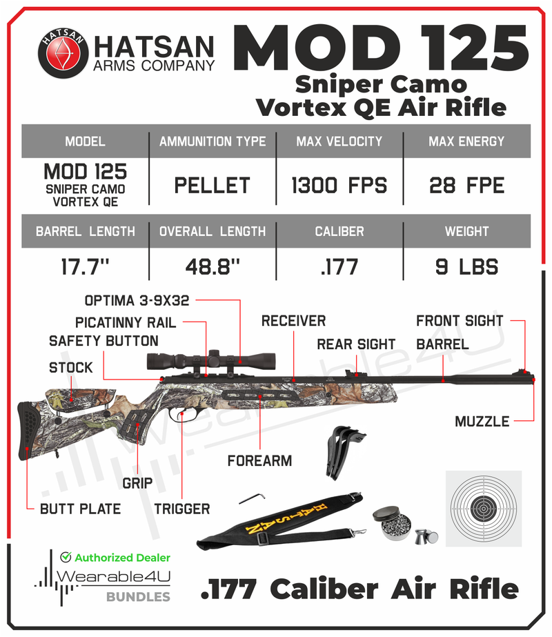 Hatsan MOD 125 Sniper Camo Vortex QE Quiet Energy Air Rifle with Included Wearable4U 100x Paper Targets and 500x Pellets Bundle