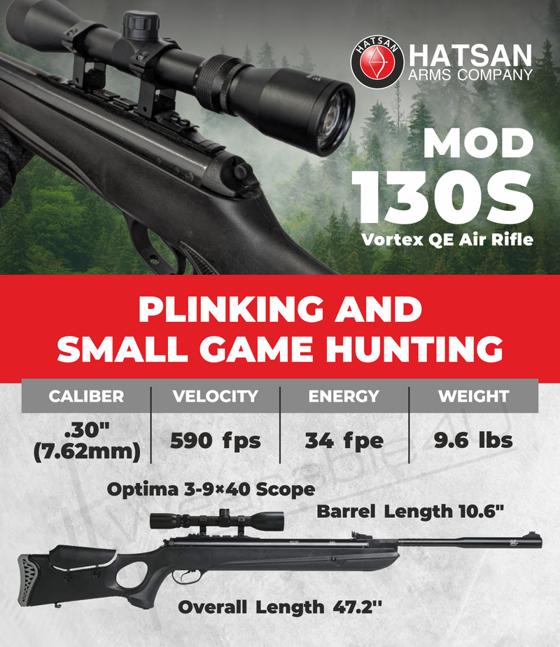 Hatsan Mod 130S Vortex QE Gas Piston Air Rifle.30 Caliber with Included Bundle