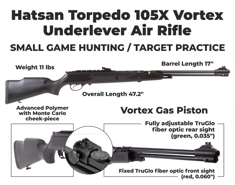 Hatsan Torpedo 105X Vortex .22 Cal Air Rifle with Wearable4U 100x Paper Targets and 250x .22cal Lead Pellets Bundle