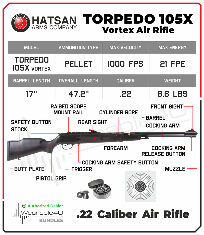 Hatsan Torpedo 105X Vortex .22 Cal Air Rifle with Wearable4U 100x Paper Targets and 250x .22cal Lead Pellets Bundle
