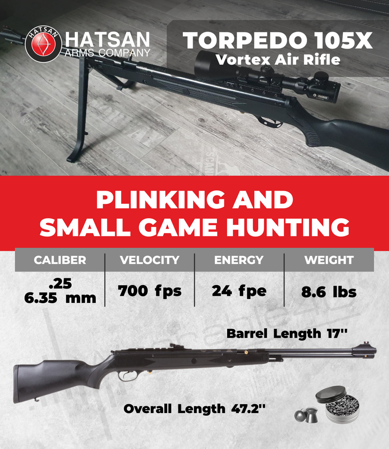 Hatsan Torpedo 105X Vortex .25 Cal Air Rifle with Wearable4U 100x Paper Targets and 150x .25cal Lead Pellets Bundle