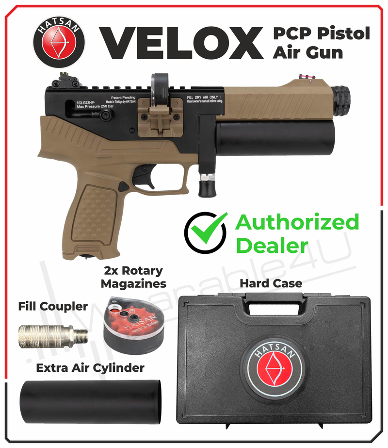 Hatsan Velox PCP Air Pistol .22 or .25 Cal Semi-Auto Pellet Gun, up to 580 FPS, 20 Joules, 12 RDS